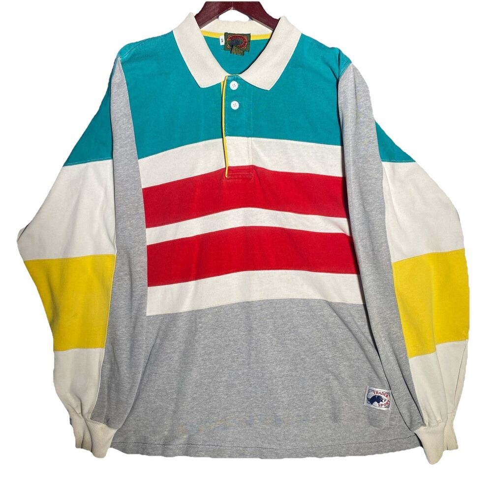 Vintage 90s Boston Traders Rugby Shirt Men 2XL Colorblock Preppy Outdoors Cotton